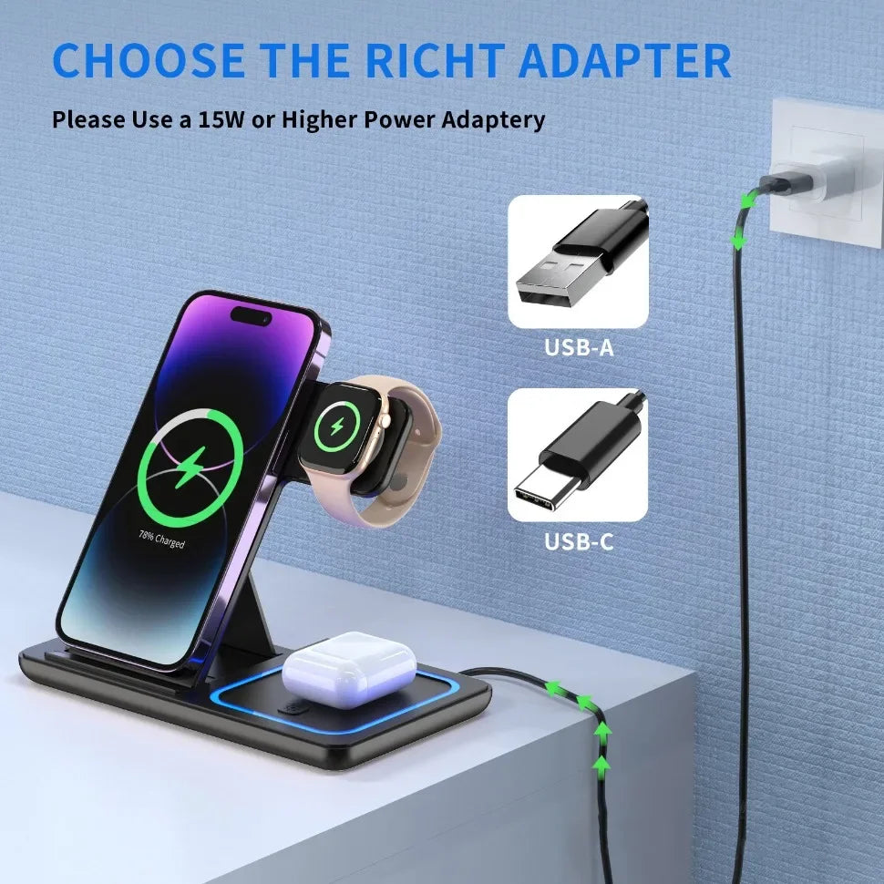 3-in-1 Wireless Charger - iPhone, Watch & AirPods Stand