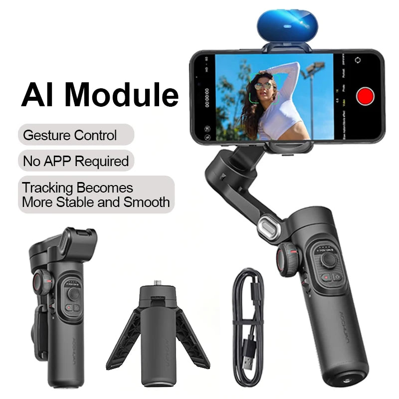 Phone Gimbal Stabilizer - 3-Axis with Fill Light & AI