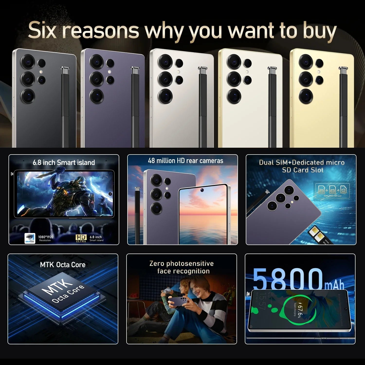 Global Vision S24 Ultra Smartphone 5G Android 5800mAH 8GB RAM 512G ROM 6.8Inch 1920x1080HD 24+48MP MTK10 4G Network Mobile Phone