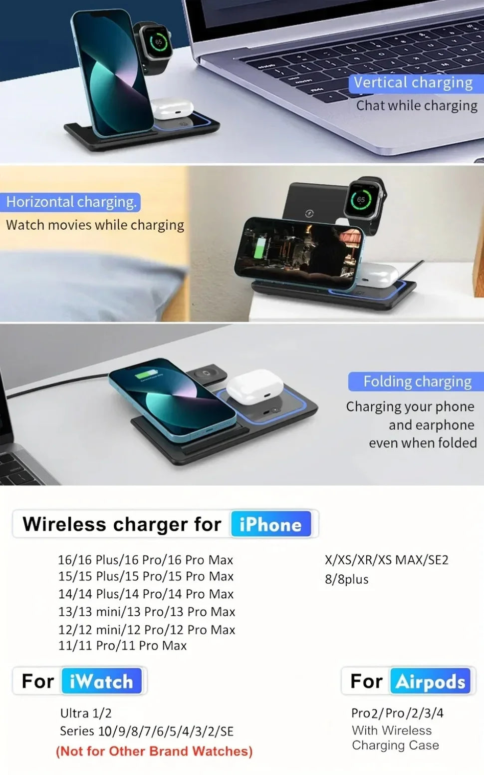 3-in-1 Wireless Charger - iPhone, Watch & AirPods Stand
