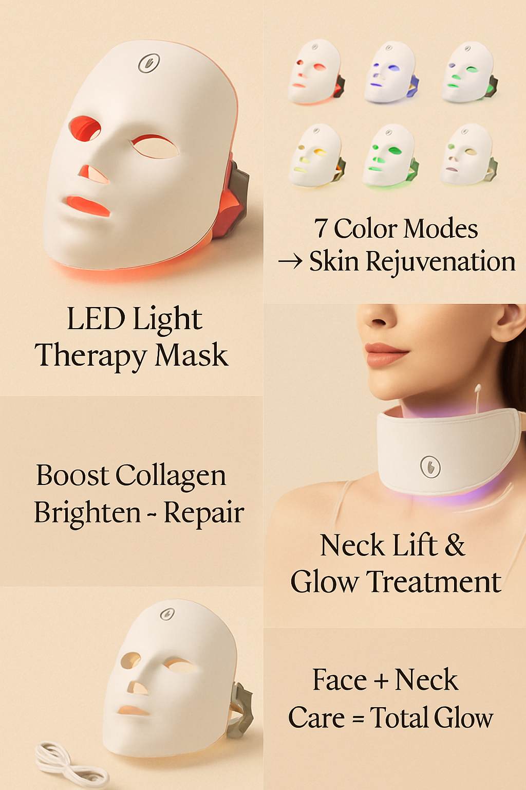 LED Face Mask - 7 Color Light Therapy for Anti-Aging